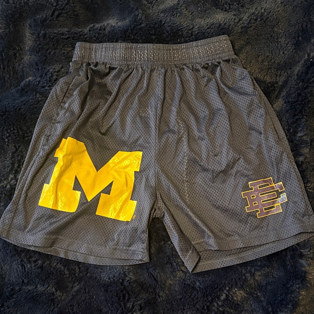 Eric Emanuel Gray Mesh Shorts with Yellow Logos